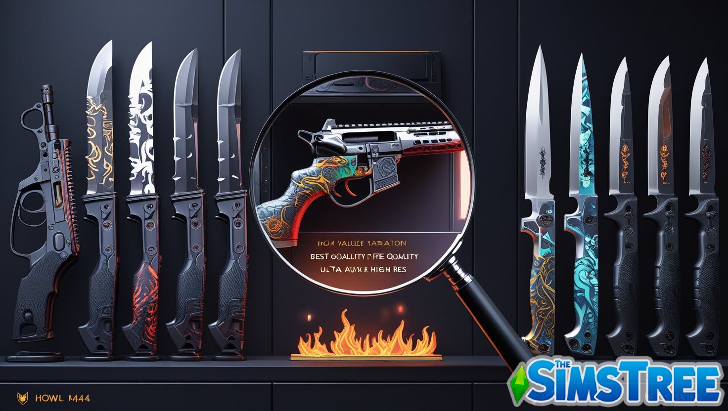 Коллекция редких и дорогих скинов CS2, включая Howl, Dragon Lore и Chroma-ножи.