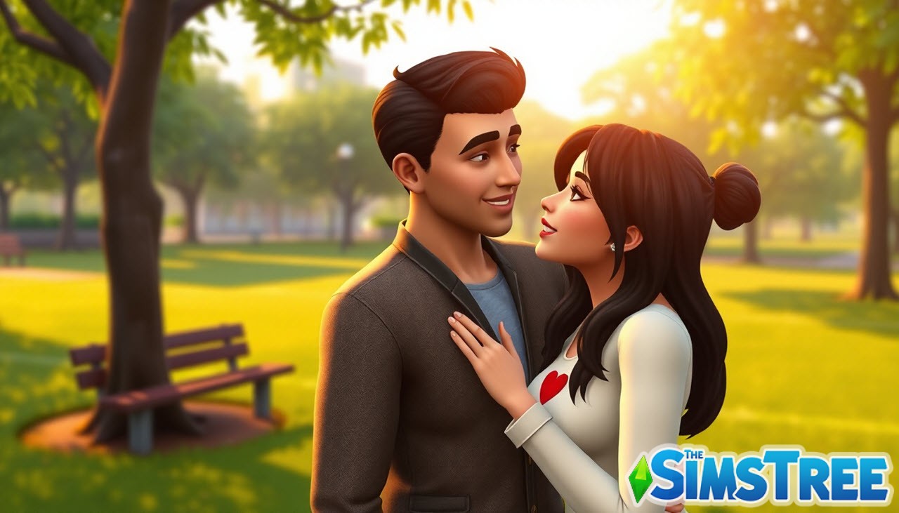 Симы флиртуют в парке в Sims 4, начало романтических отношений