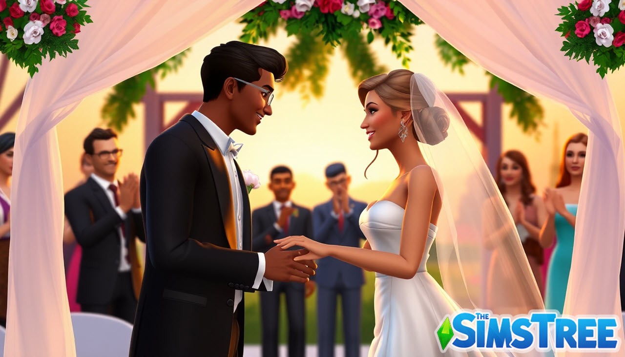 Симы обмениваются клятвами под аркой на свадьбе в Sims 4