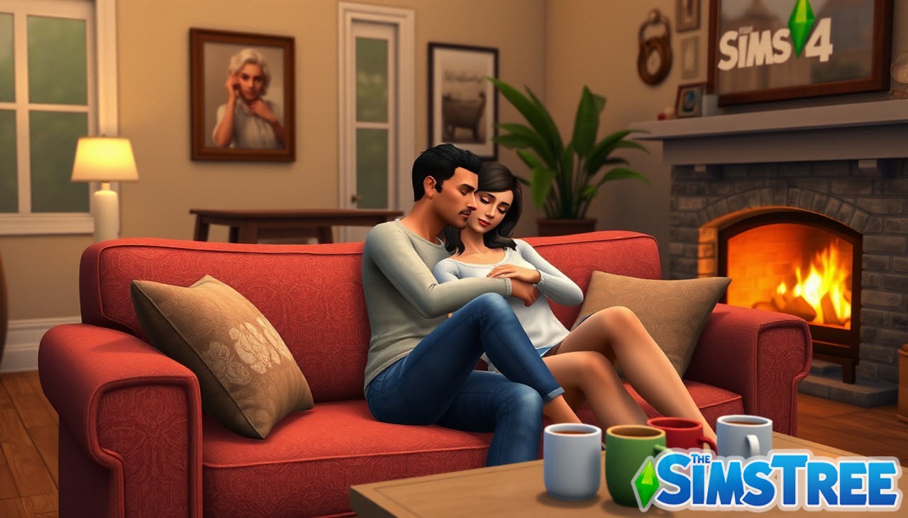 Симы уютно обнимаются на диване в доме в Sims 4