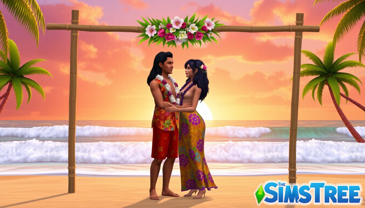 Симы на пляжной свадьбе под бамбуковой аркой в Sims 4